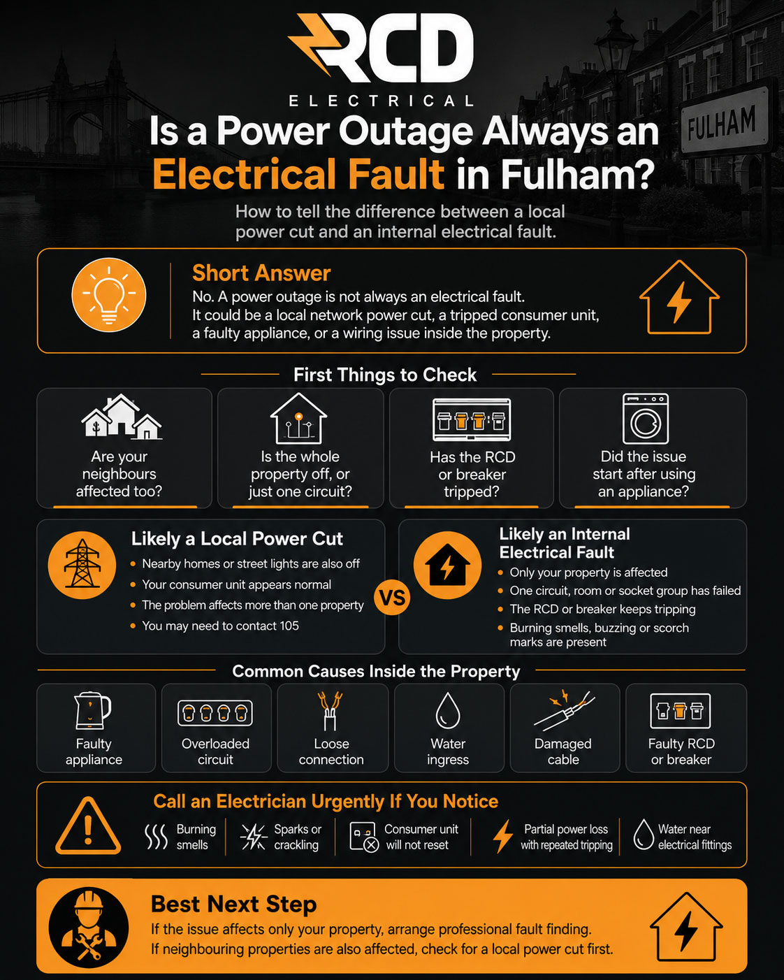 Is a Power Outage Always an Electrical Fault in Fulham infographic by RCD Electrical